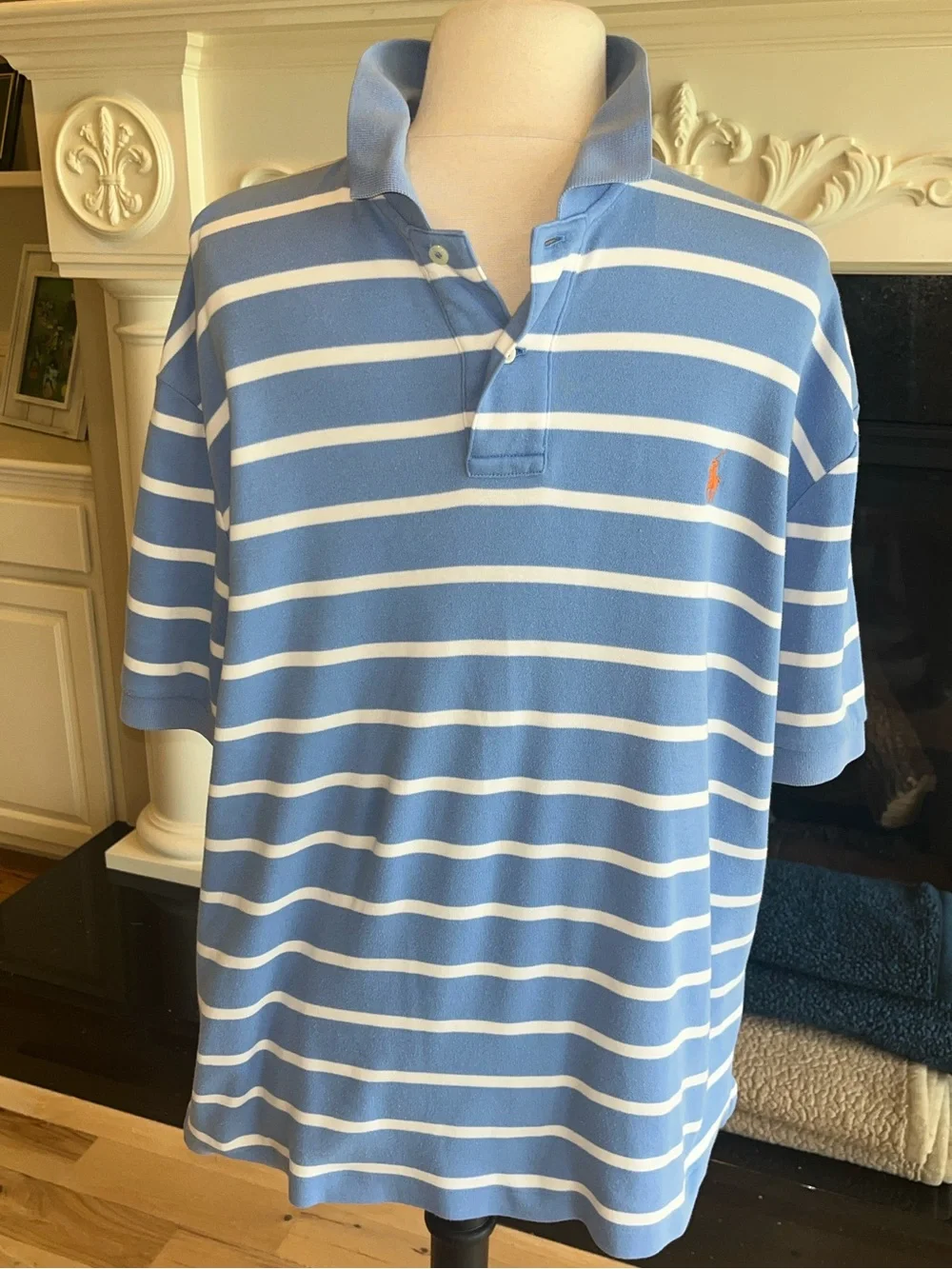 Polo Ralph Lauren Soft Cotton Knit Blue and White Striped Polo Shirt